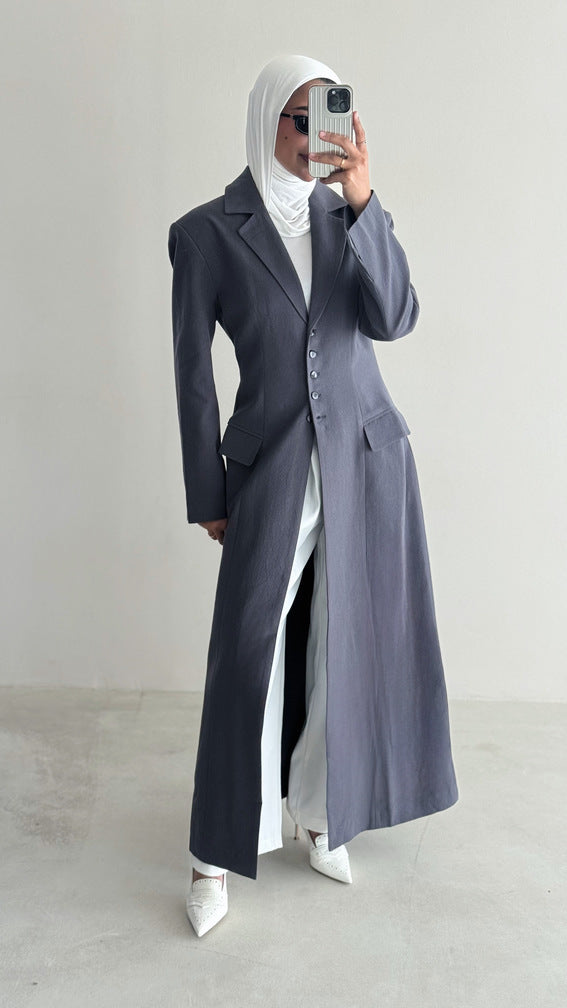 Linen Waist Gathered Long Blazer