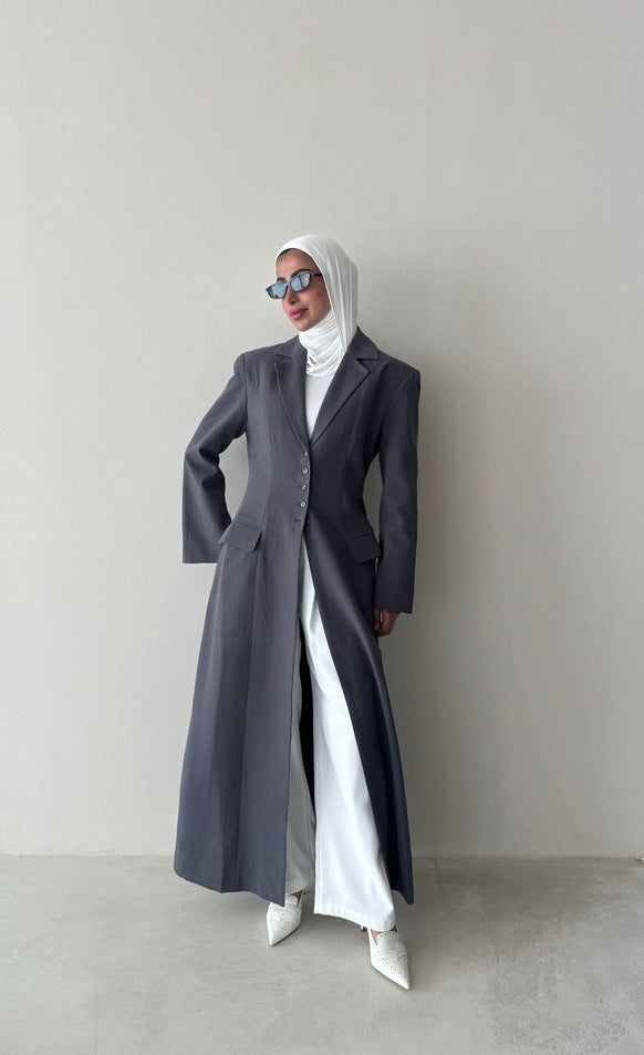 Linen Waist Gathered Long Blazer