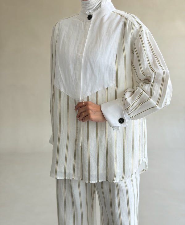 Bib-Front Stripe Linen Set