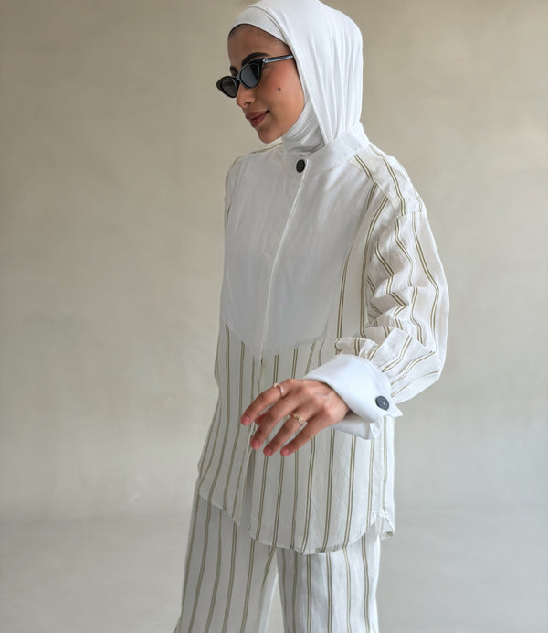 Bib-Front Stripe Linen Set