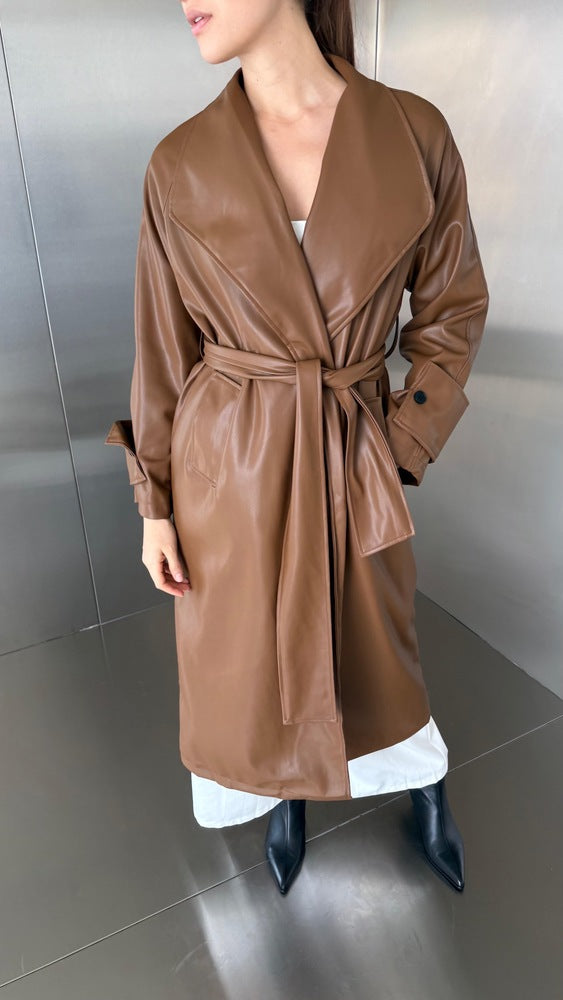 Long Leather Drapey Coat