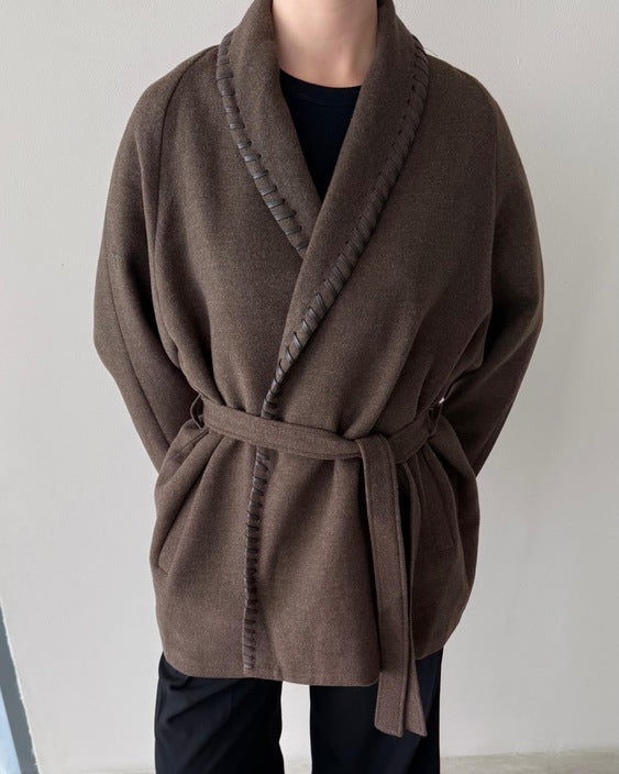 Leather Whipstitch Belted Woolen Jacket