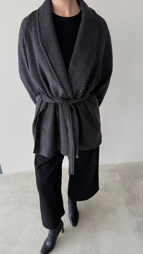 Leather Whipstitch Belted Woolen Jacket