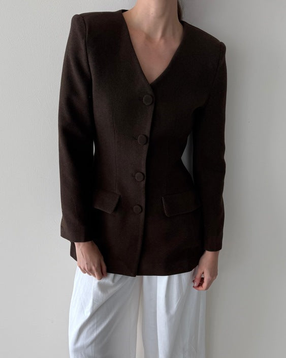 V-neck Matching Fabric Button Woolen Blazer