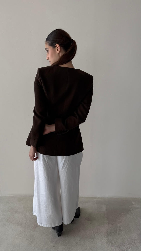 V-neck Matching Fabric Button Woolen Blazer