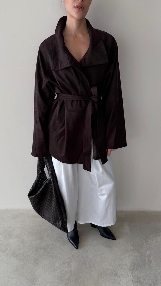 High-Neck Buttoned Suede Jacket