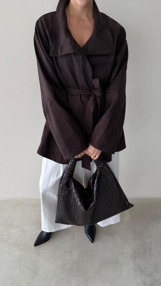 High-Neck Buttoned Suede Jacket