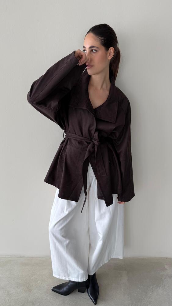 High-Neck Buttoned Suede Jacket