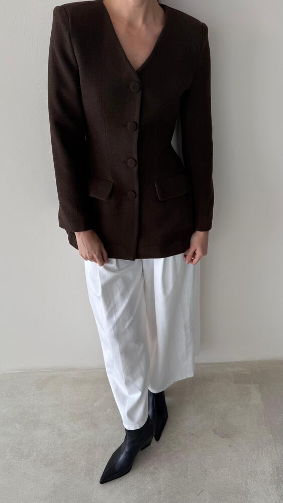 V-neck Matching Fabric Button Woolen Blazer