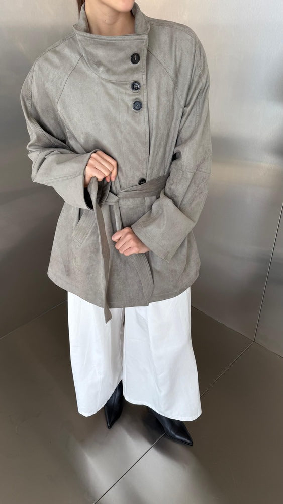 High-Neck Buttoned Suede Jacket