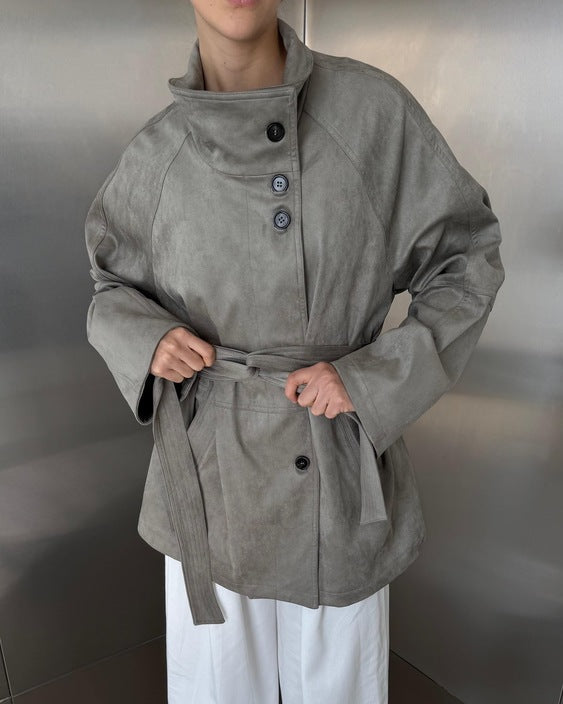 High-Neck Buttoned Suede Jacket