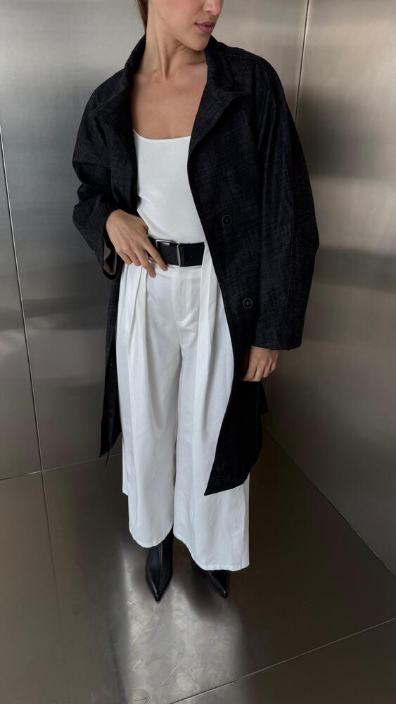 Belted Denim Long Jacket