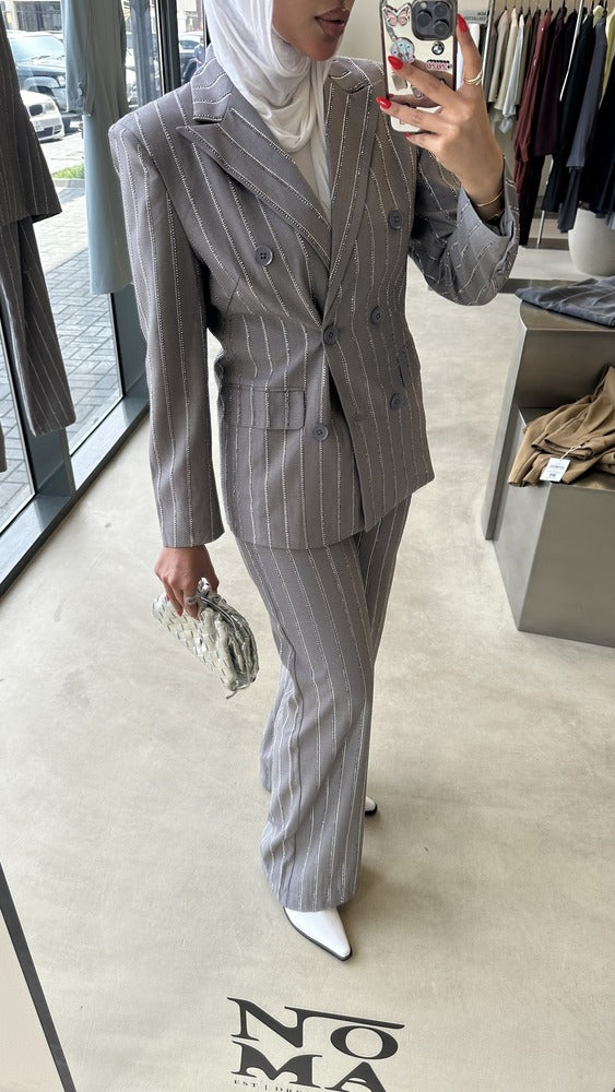 2PC Set Vertical Beads Striped Suit
