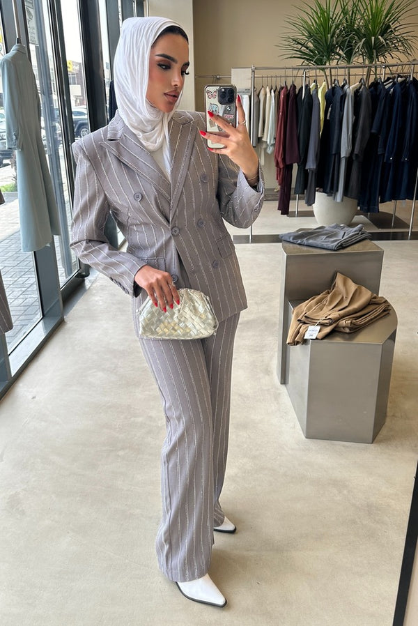 2PC Set Vertical Beads Striped Suit