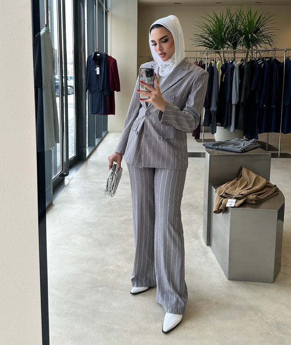 2PC Set Vertical Beads Striped Suit