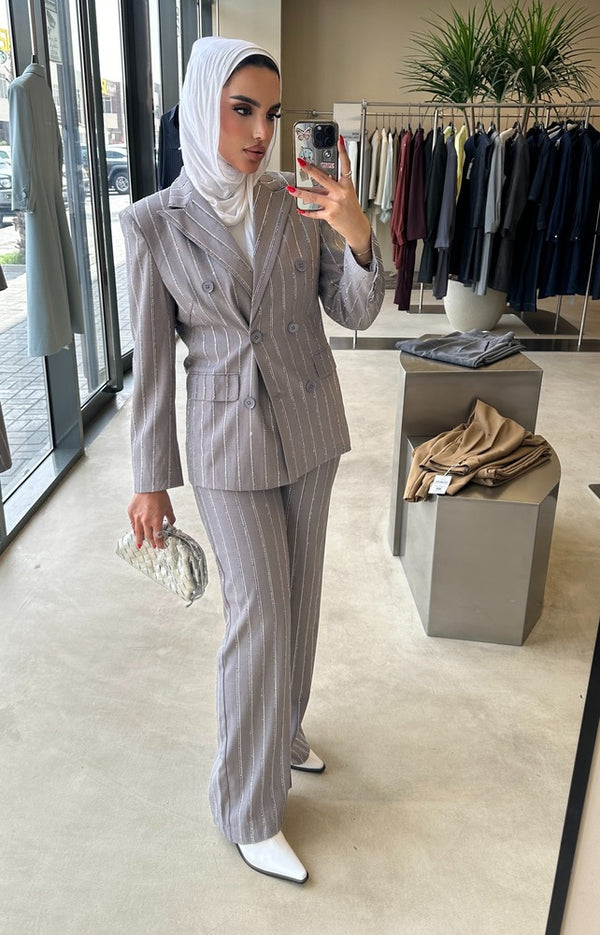 2PC Set Vertical Beads Striped Suit