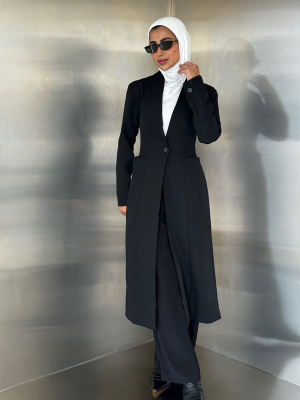 V-neckline Collarless Long Blazer