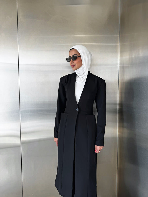 V-neckline Collarless Long Blazer