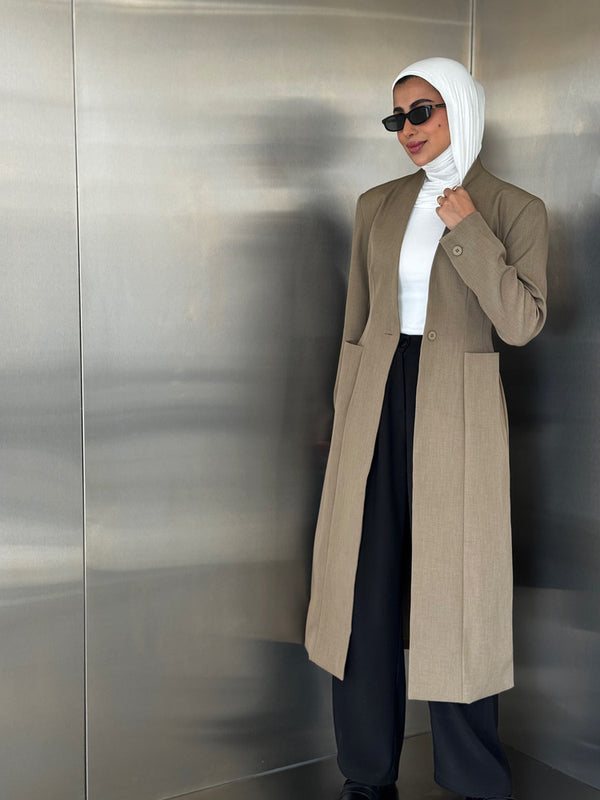 V-neckline Collarless Long Blazer