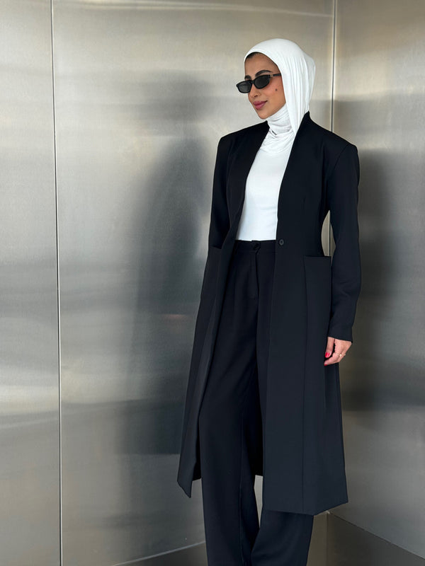 V-neckline Collarless Long Blazer