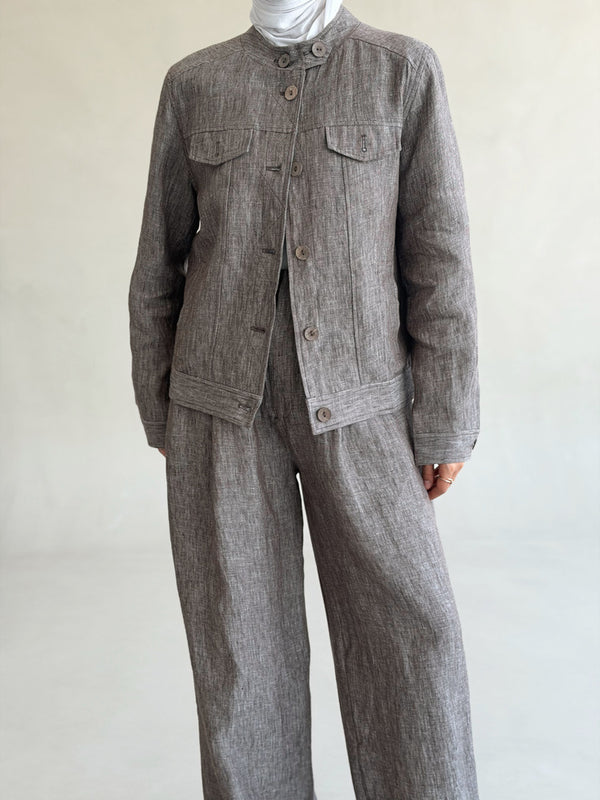 Linen-Blended Collarless Jacket Set