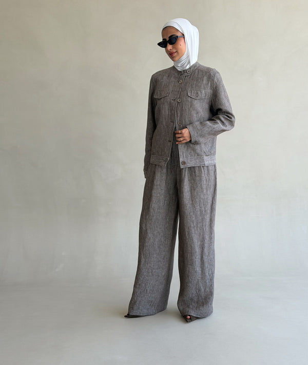 Linen-Blended Collarless Jacket Set