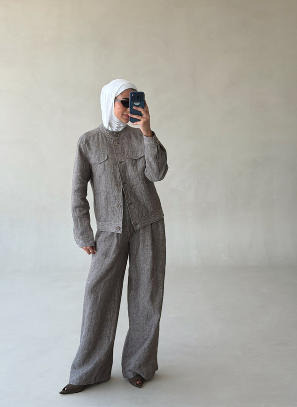 Linen-Blended Collarless Jacket Set