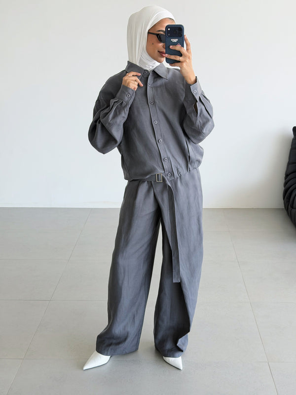 Drawcord Jacket w/ Asymmetric  Trousers
