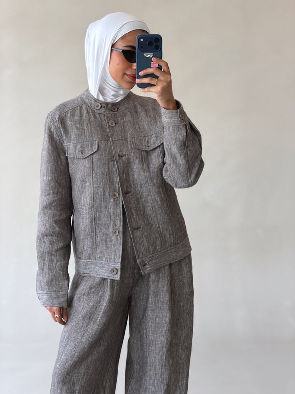 Linen-Blended Collarless Jacket Set