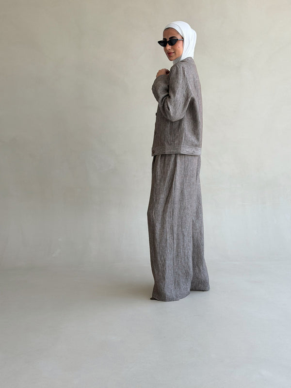 Linen-Blended Collarless Jacket Set