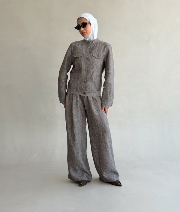 Linen-Blended Collarless Jacket Set