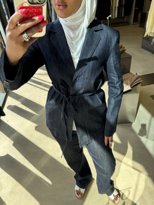 Belted Denim Blazer Set
