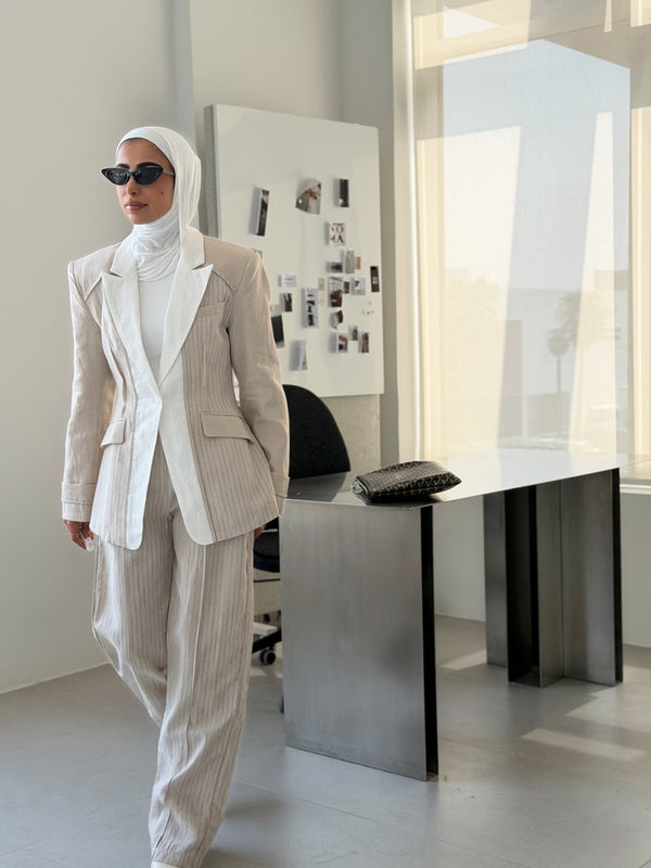White Peak Lapel Linen Set