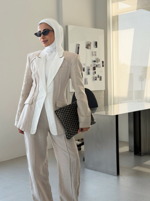 White Peak Lapel Linen Set