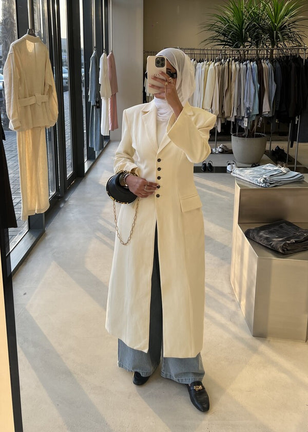 Linen Waist Gathered Long Blazer