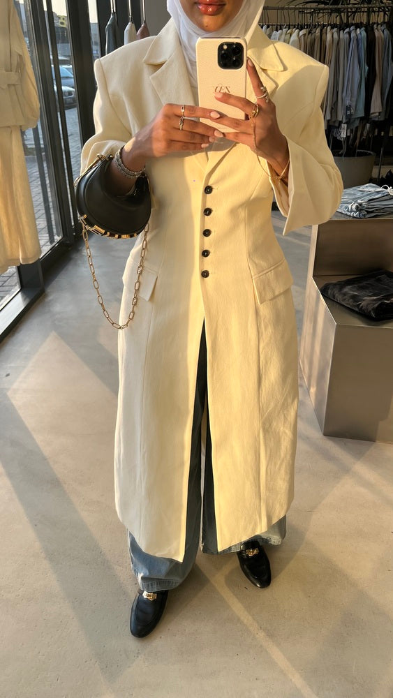 Linen Waist Gathered Long Blazer