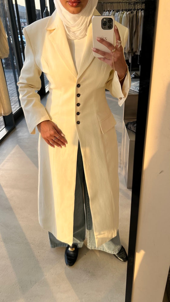 Linen Waist Gathered Long Blazer