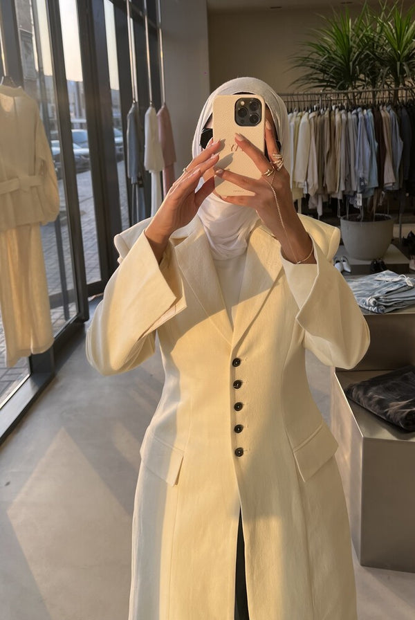 Linen Waist Gathered Long Blazer