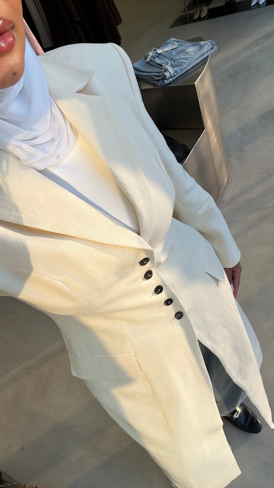 Linen Waist Gathered Long Blazer