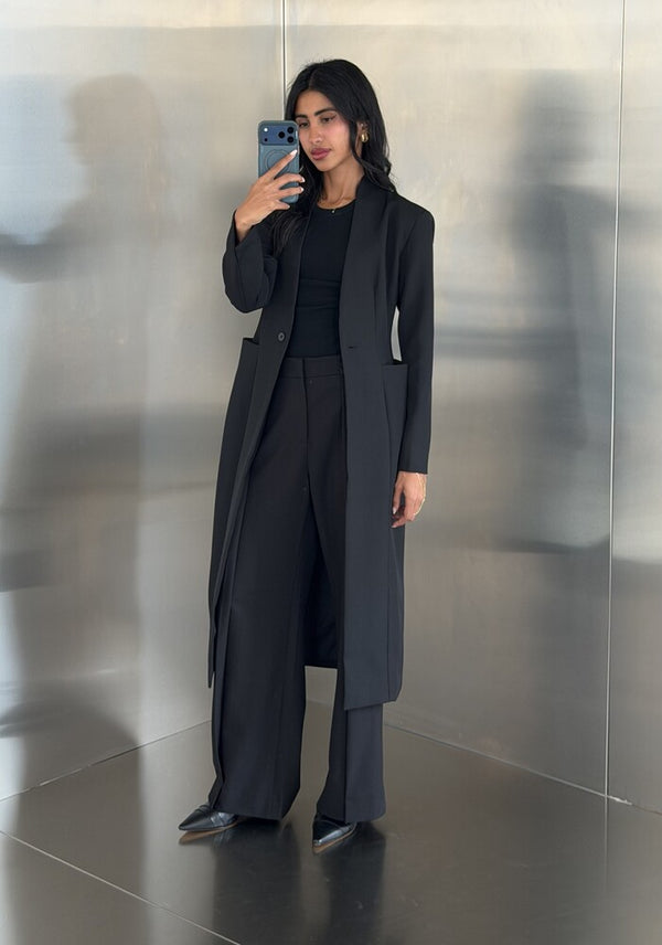V-neckline Collarless Long Blazer