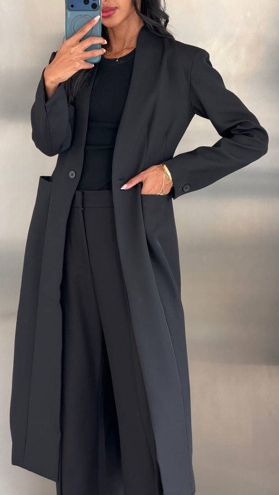 V-neckline Collarless Long Blazer
