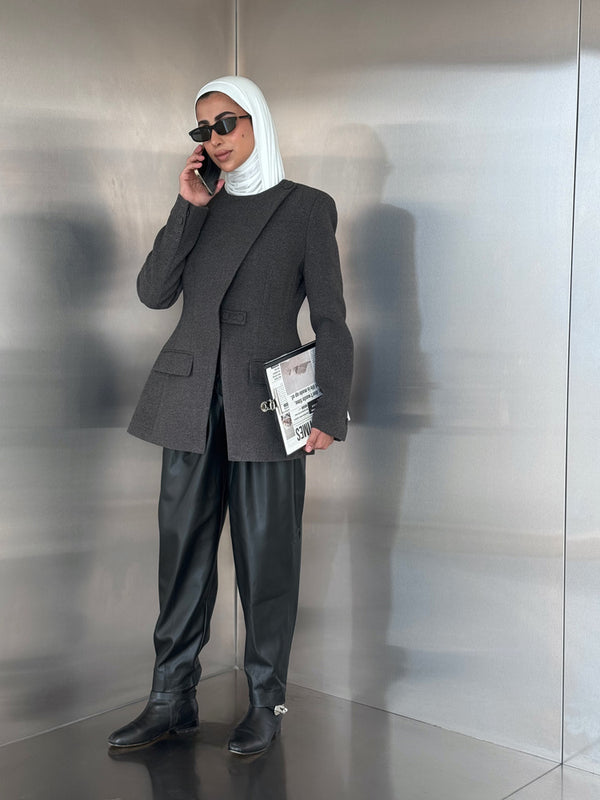 Asymmetrical Round Neck Wool Blazer