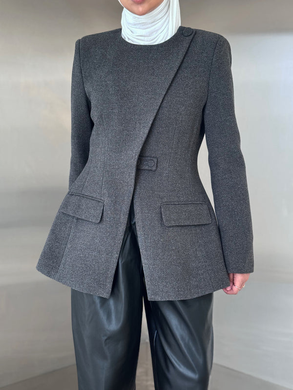 Asymmetrical Round Neck Wool Blazer