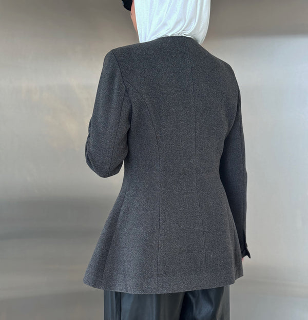 Asymmetrical Round Neck Wool Blazer