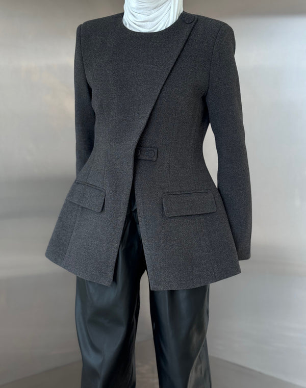Asymmetrical Round Neck Wool Blazer