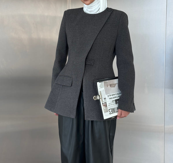 Asymmetrical Round Neck Wool Blazer