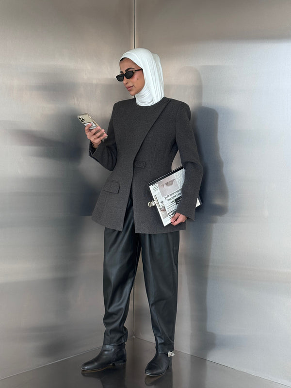 Asymmetrical Round Neck Wool Blazer