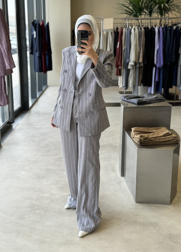 2PC Set Vertical Beads Striped Suit