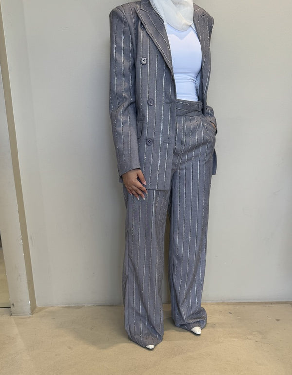 2PC Set Vertical Beads Striped Suit