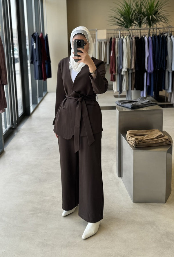 Lapelless Belted Blazer Pants 2 PC Set